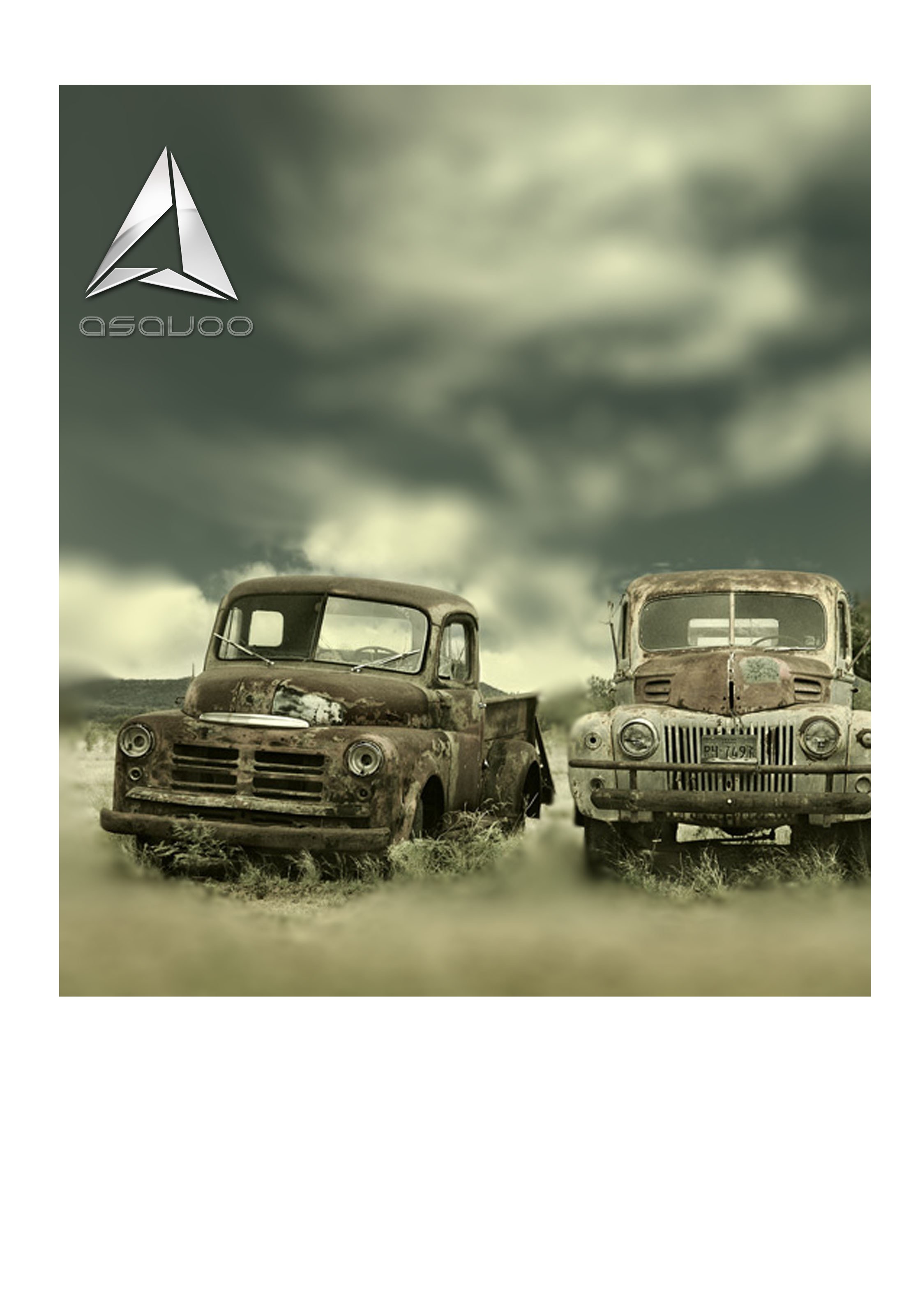 Rusty trucks under stormy sky