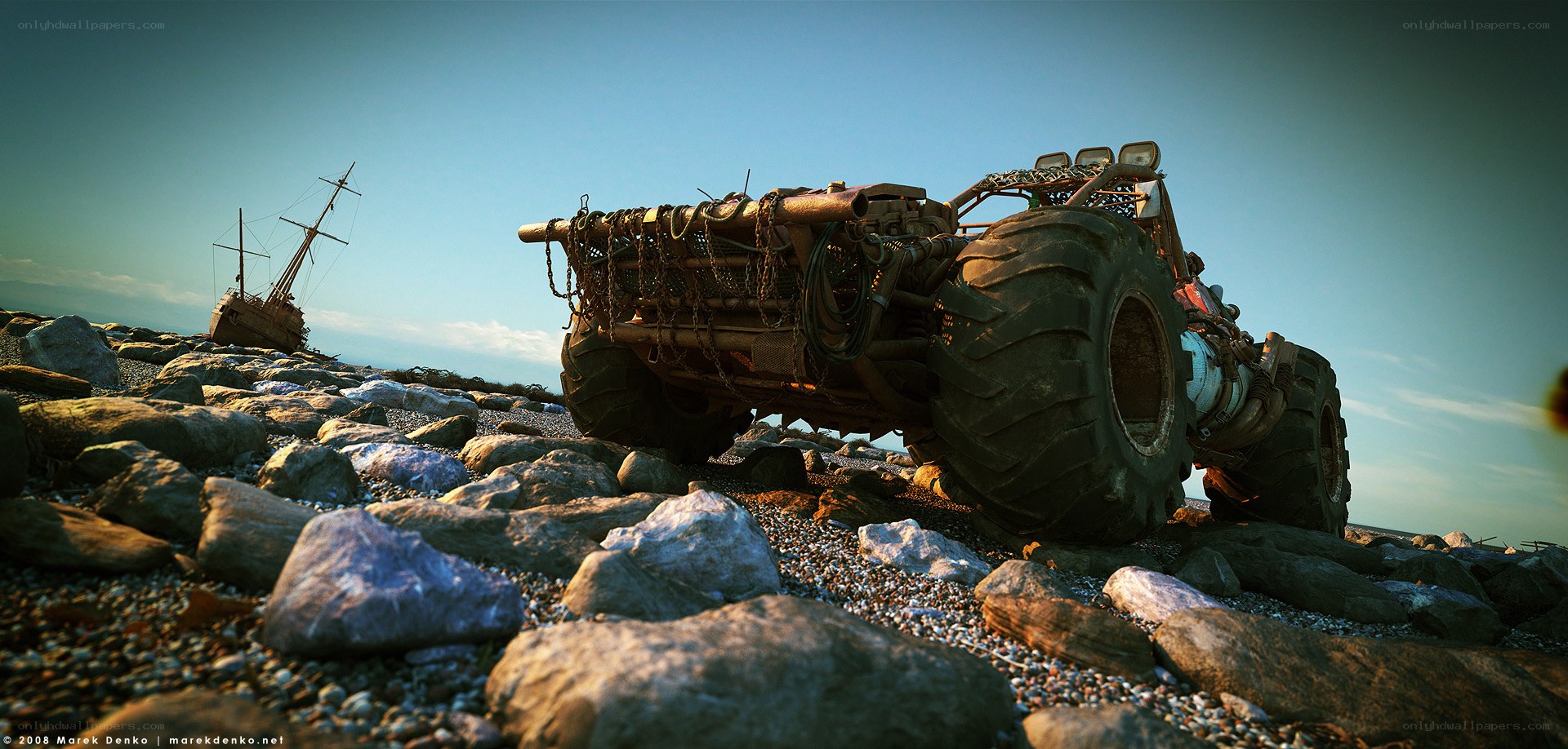 Rusty vehicle on rocky shore