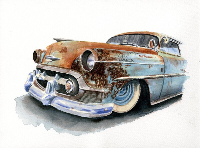 Rusty Vintage Car — Blue, Dramatic, Illustration