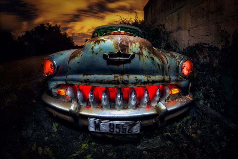 Rusty Vintage Car — Blue, Dramatic, Sunset