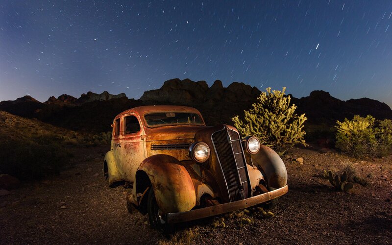 Rusty Vintage Car — Brown, Dramatic, Night, Photograph, Mountains