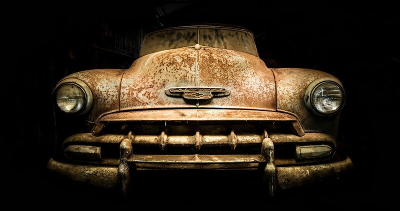 Rusty Vintage Car — Brown, Dramatic, Night, Photograph
