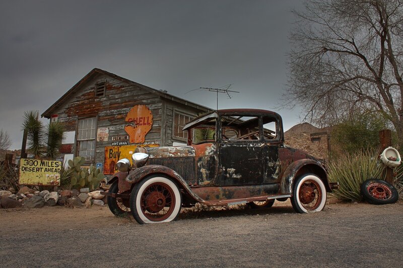 Rusty Vintage Car — Brown, Dramatic, Photograph, Abandoned Building