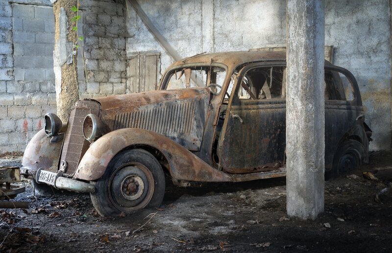 Rusty Vintage Car — Brown, Dramatic, Photograph, Concrete Wall