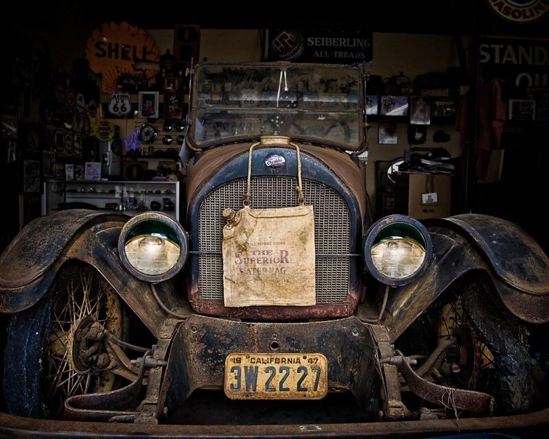 Rusty Vintage Car — Brown, Dramatic, Photograph, Gas Station Sign