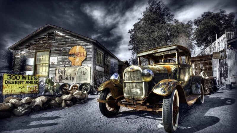 Rusty Vintage Car — Gray, Dramatic, Photograph, Abandoned Building, Shell Sign