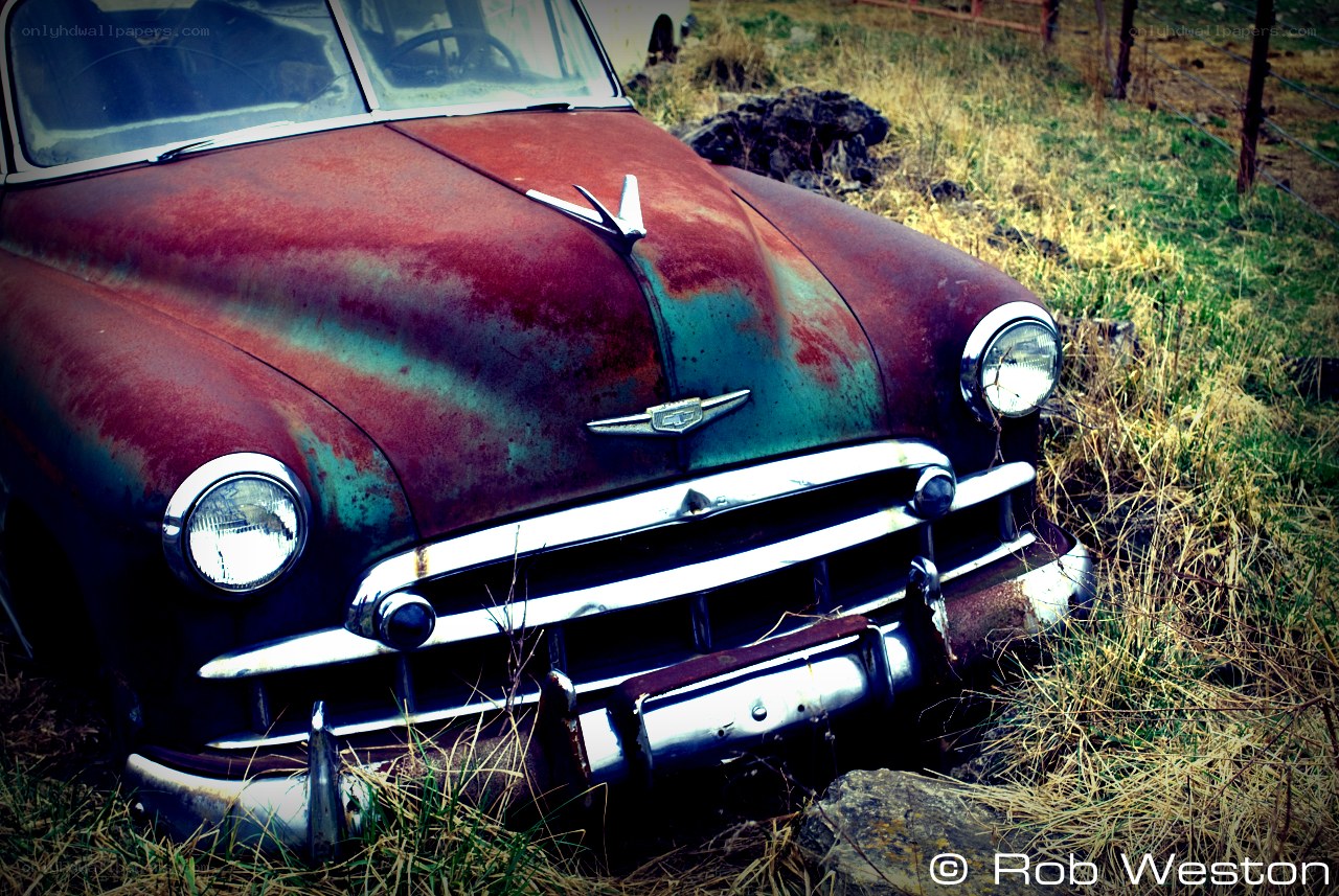 Rusty vintage car in grass