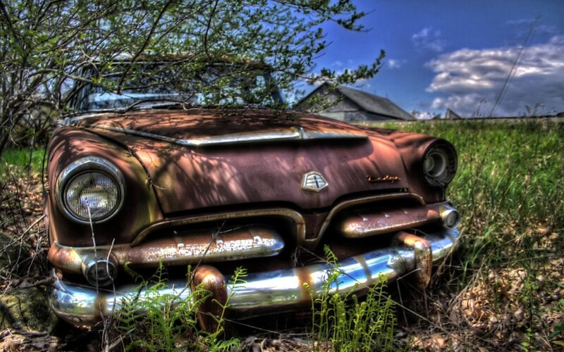 Rusty vintage car in overgrown field