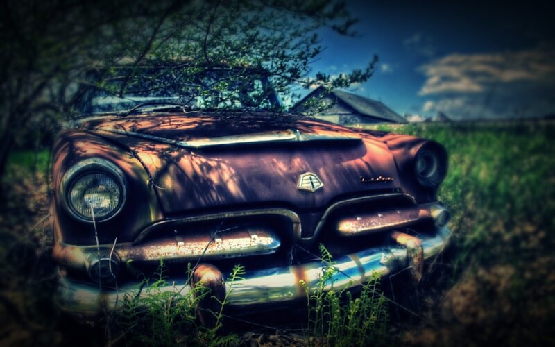 Rusty vintage car in overgrown field
