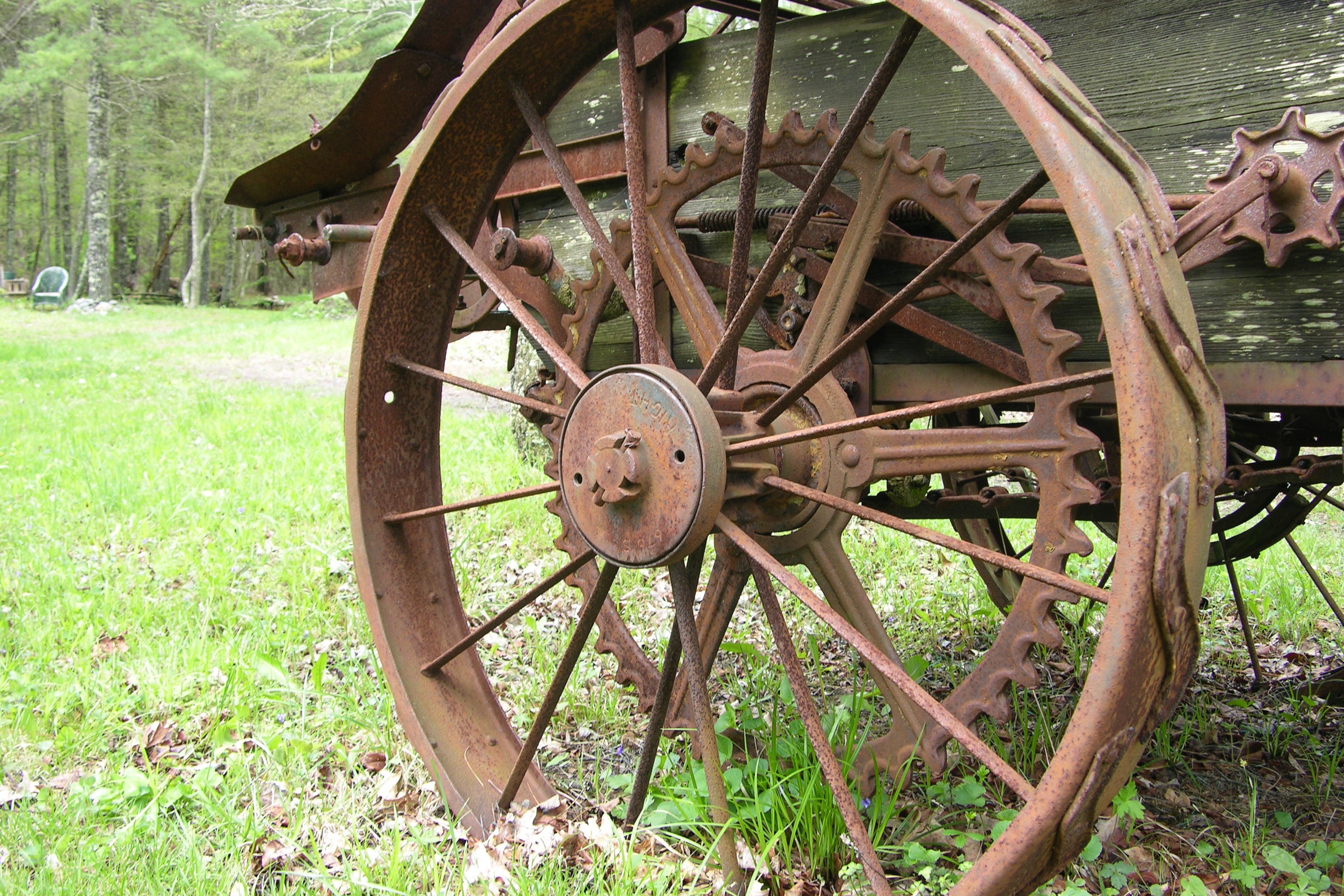 Rusty wagon wheel in a field