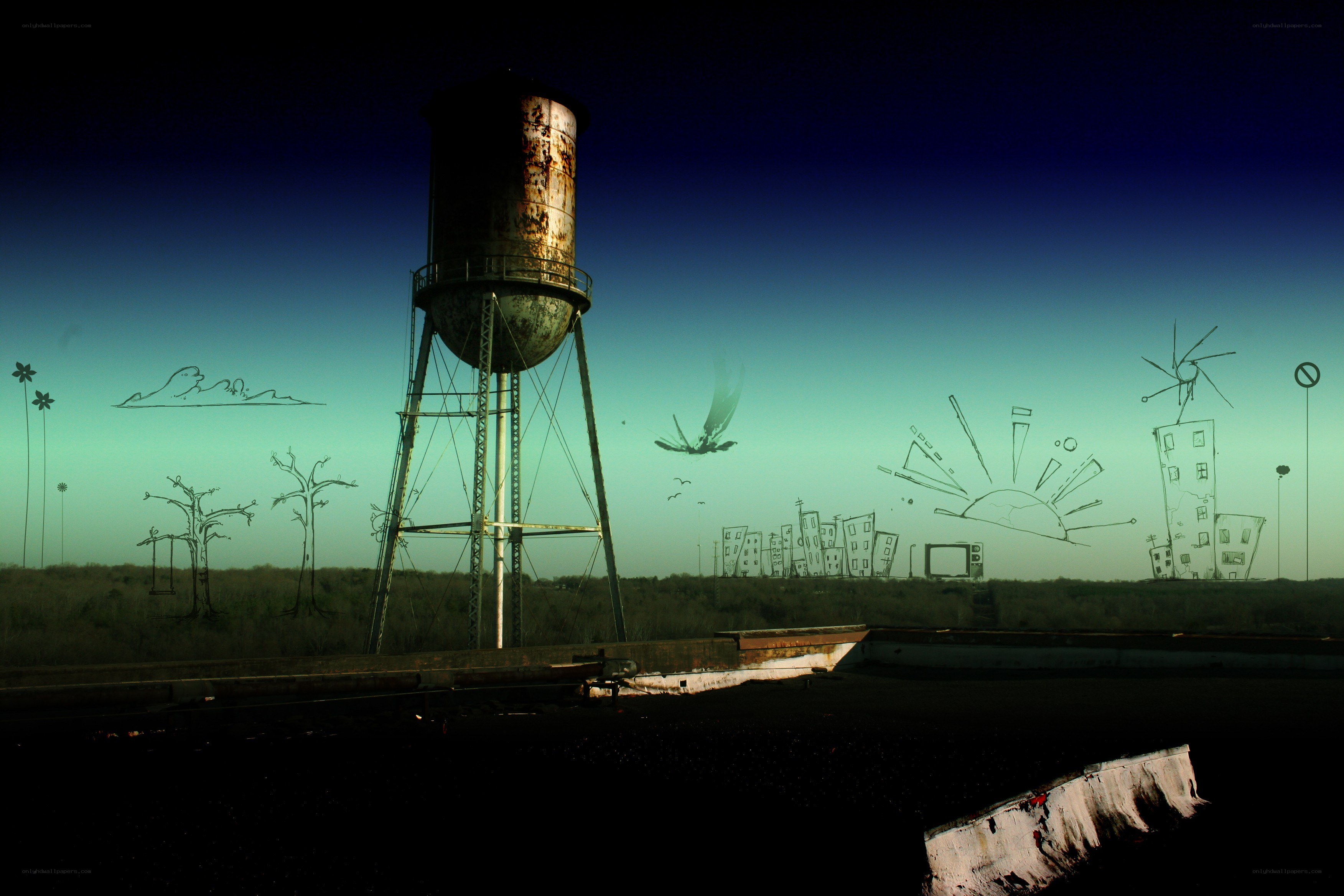 Rusty water tower at dusk