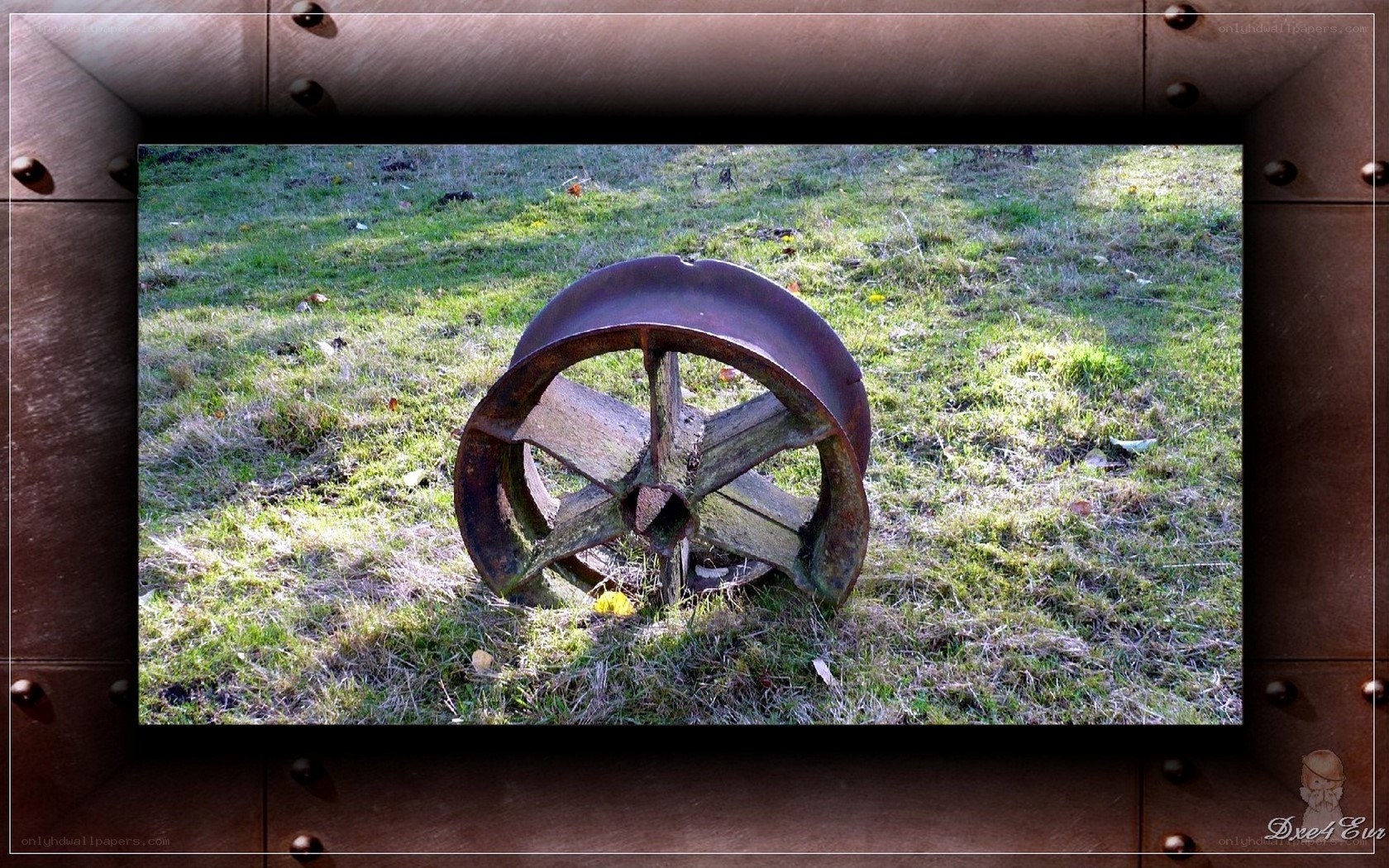 Rusty wheel on grass