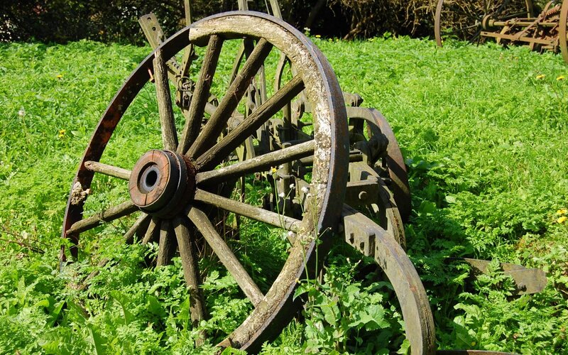 Rusty Wooden Wagon Wheel — Green
