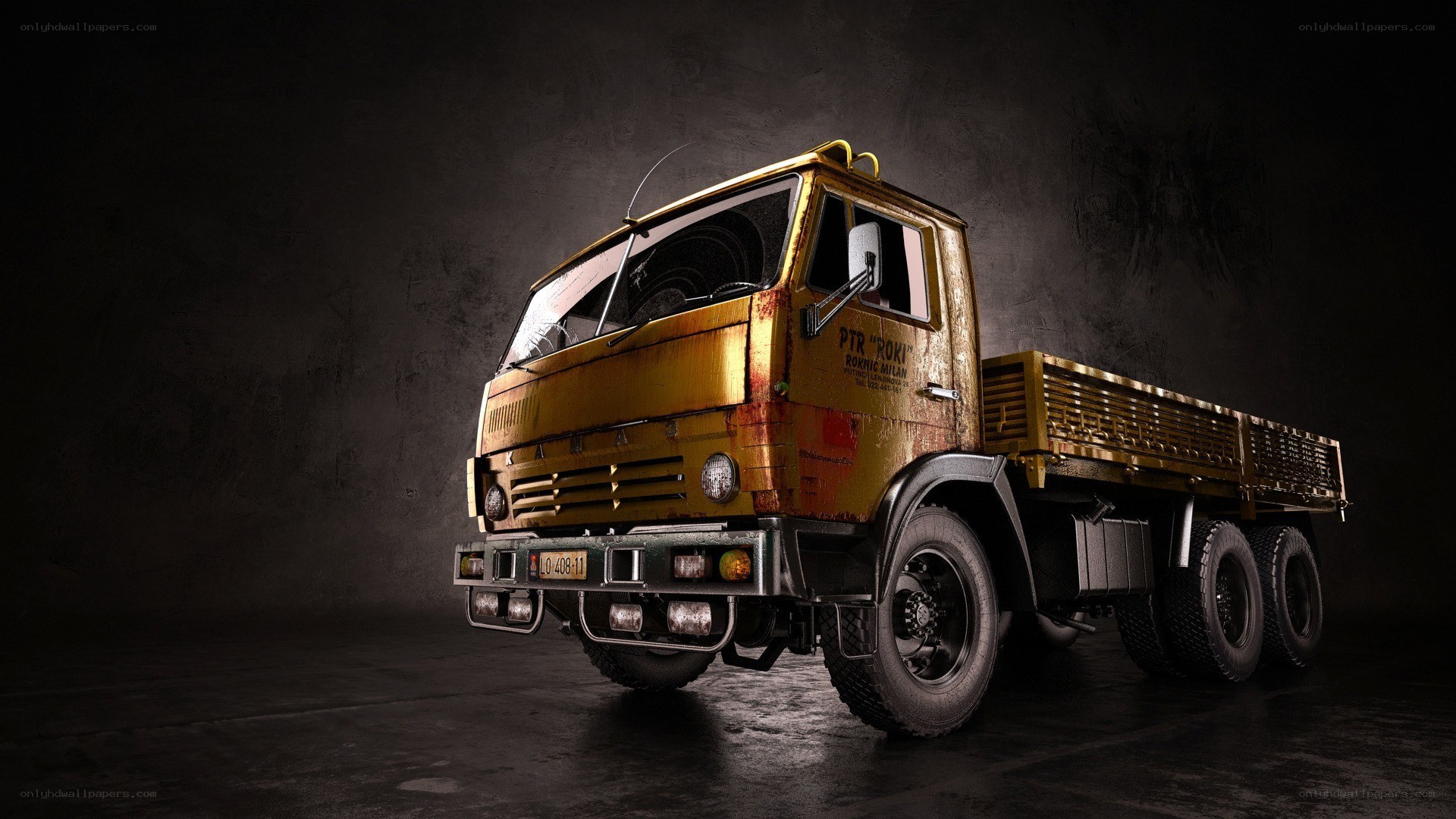 rusty yellow truck in dark studio