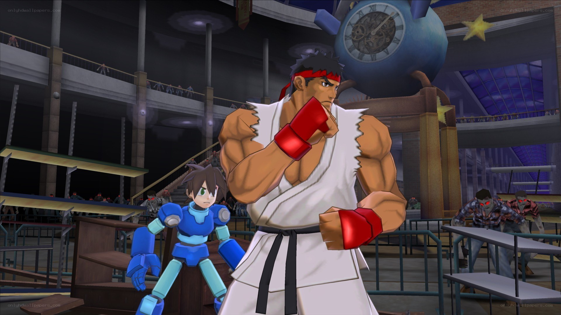 Ryu and Mega Man in a fighting arena