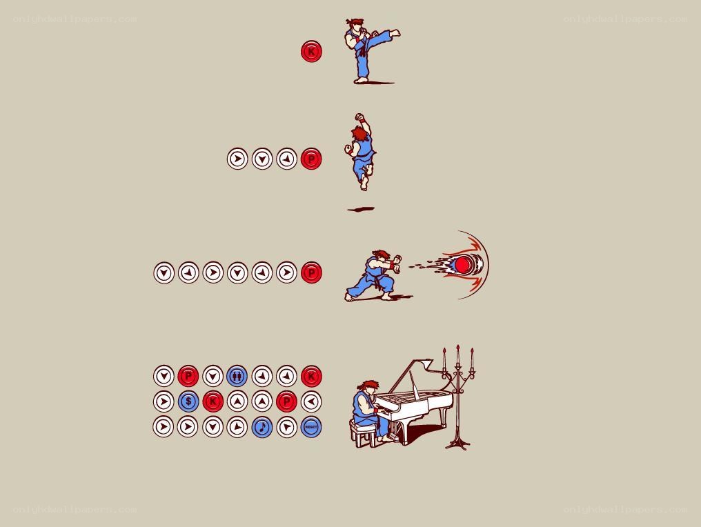 Ryu's fighting moves and piano