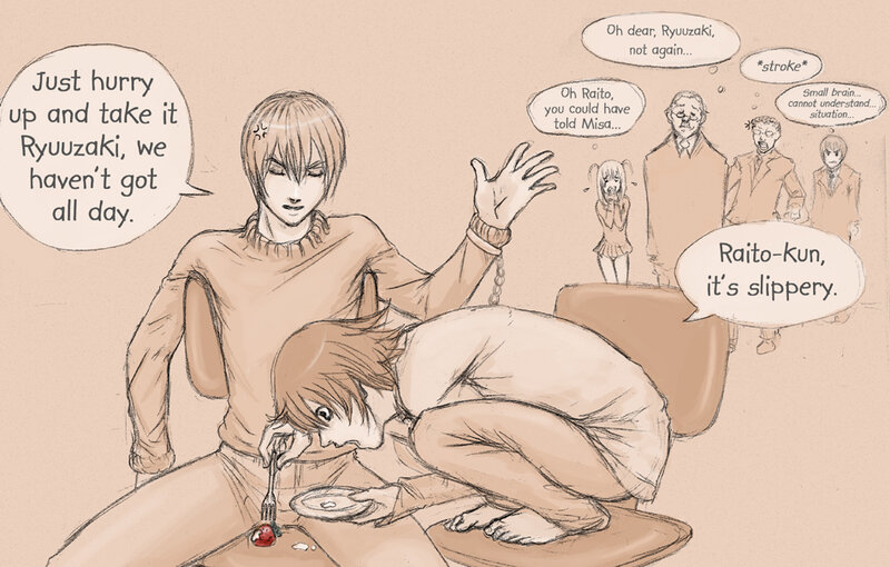 Ryuzaki and Raito eating dessert