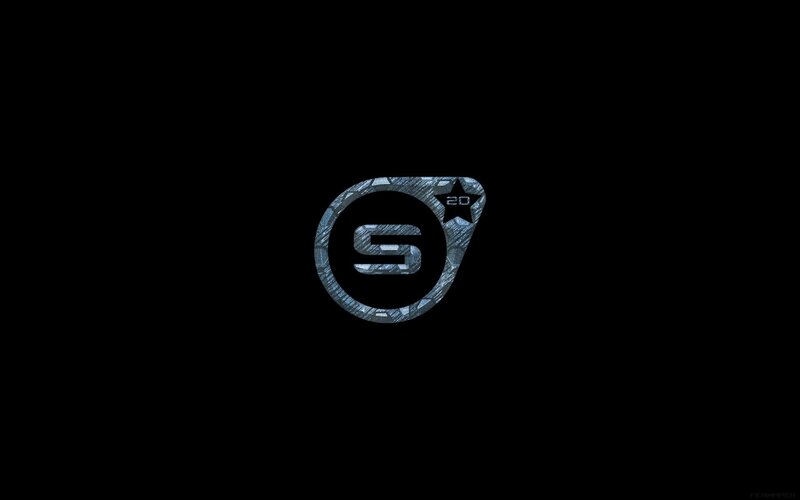 S label logo on black background