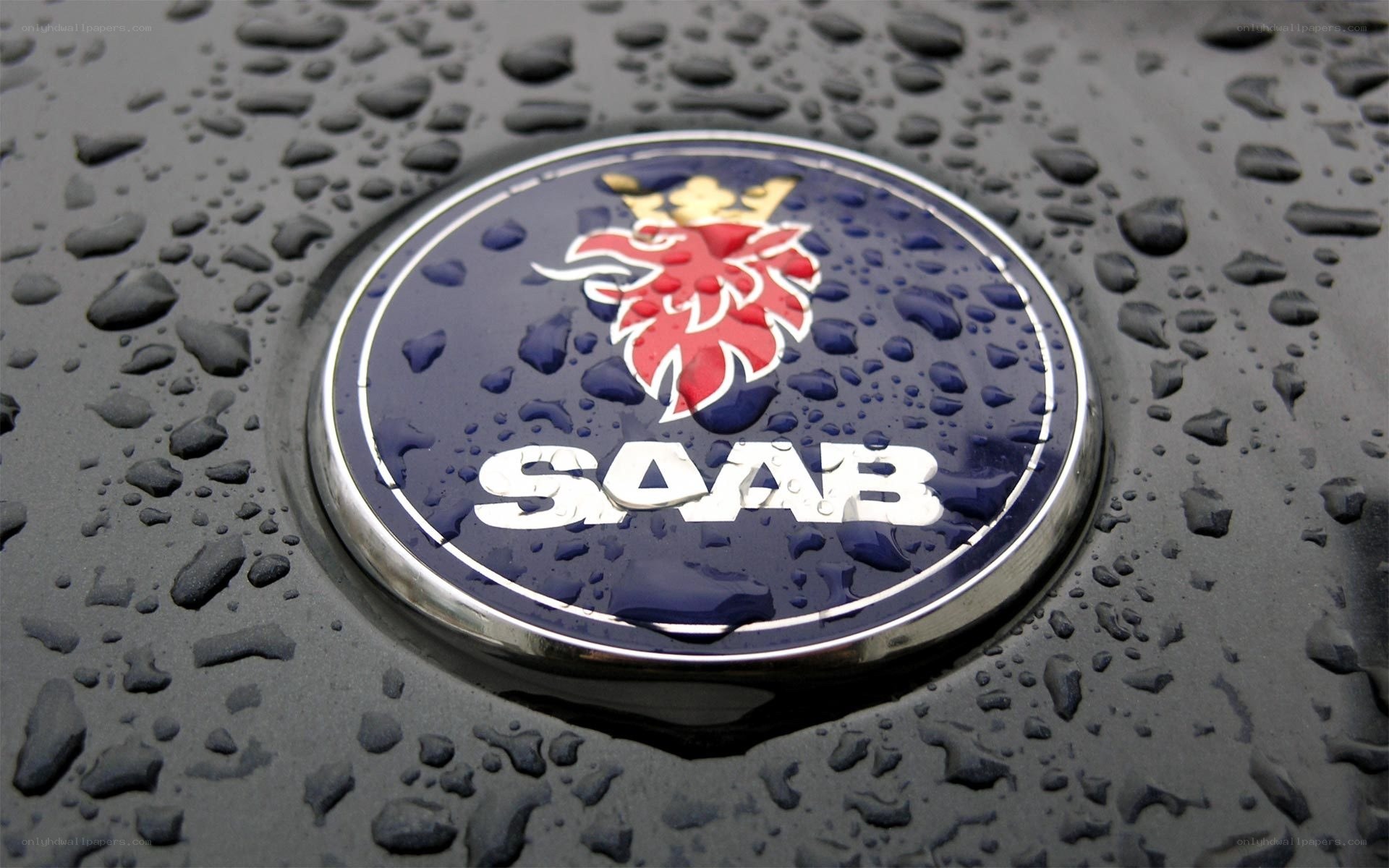 Saab car emblem with raindrops