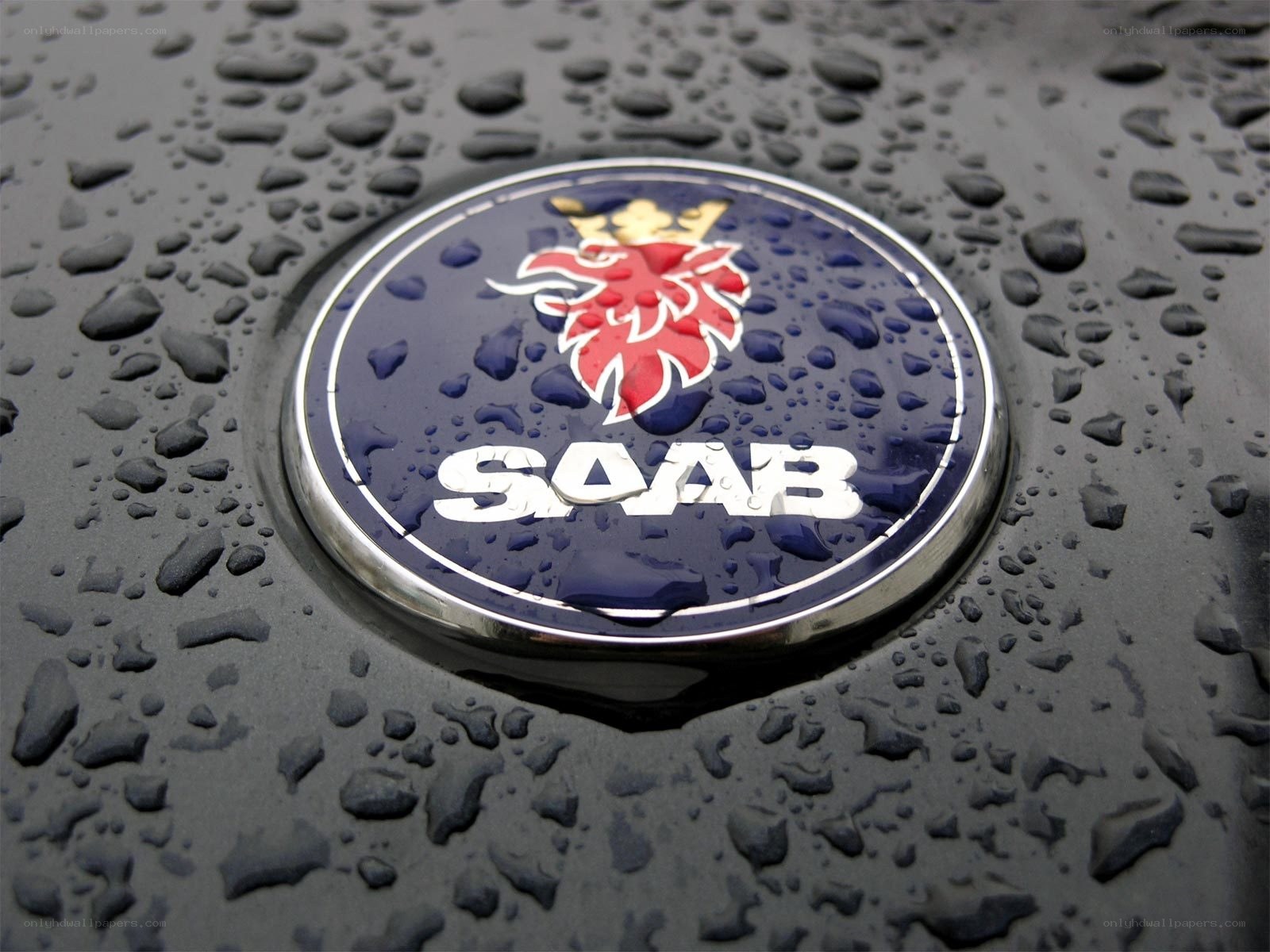 Saab car emblem with water droplets