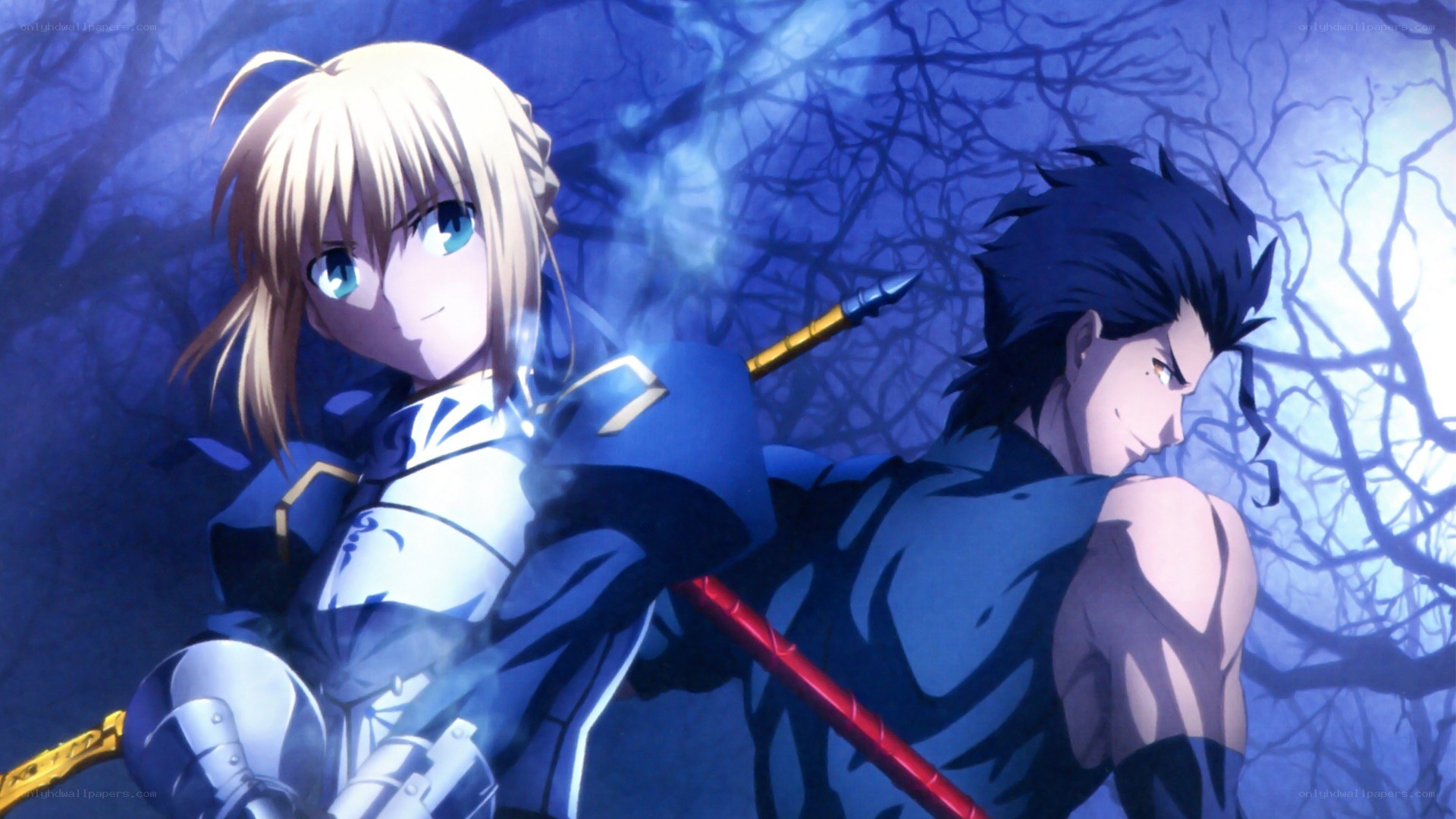 Saber and Archer in a dark forest
