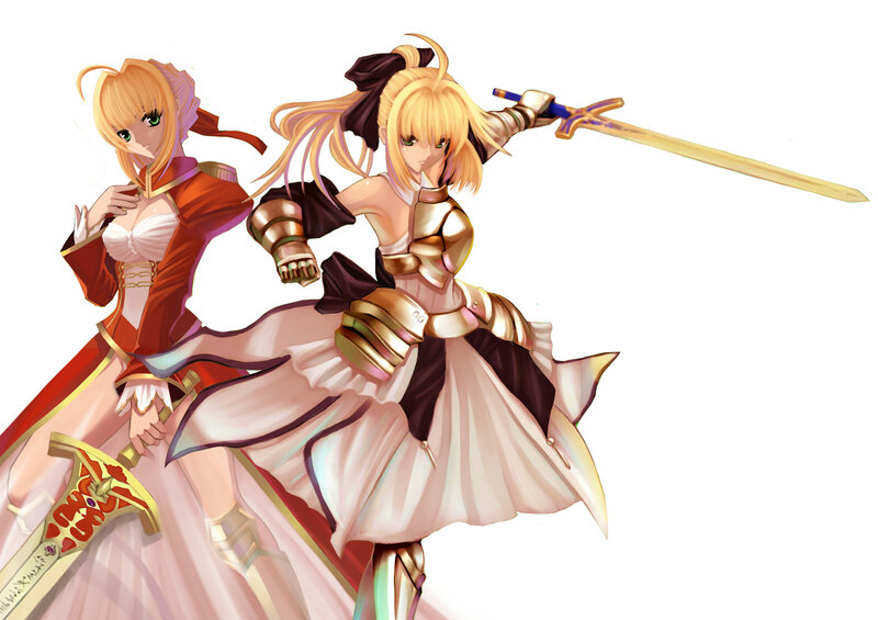 Saber and Artoria in battle