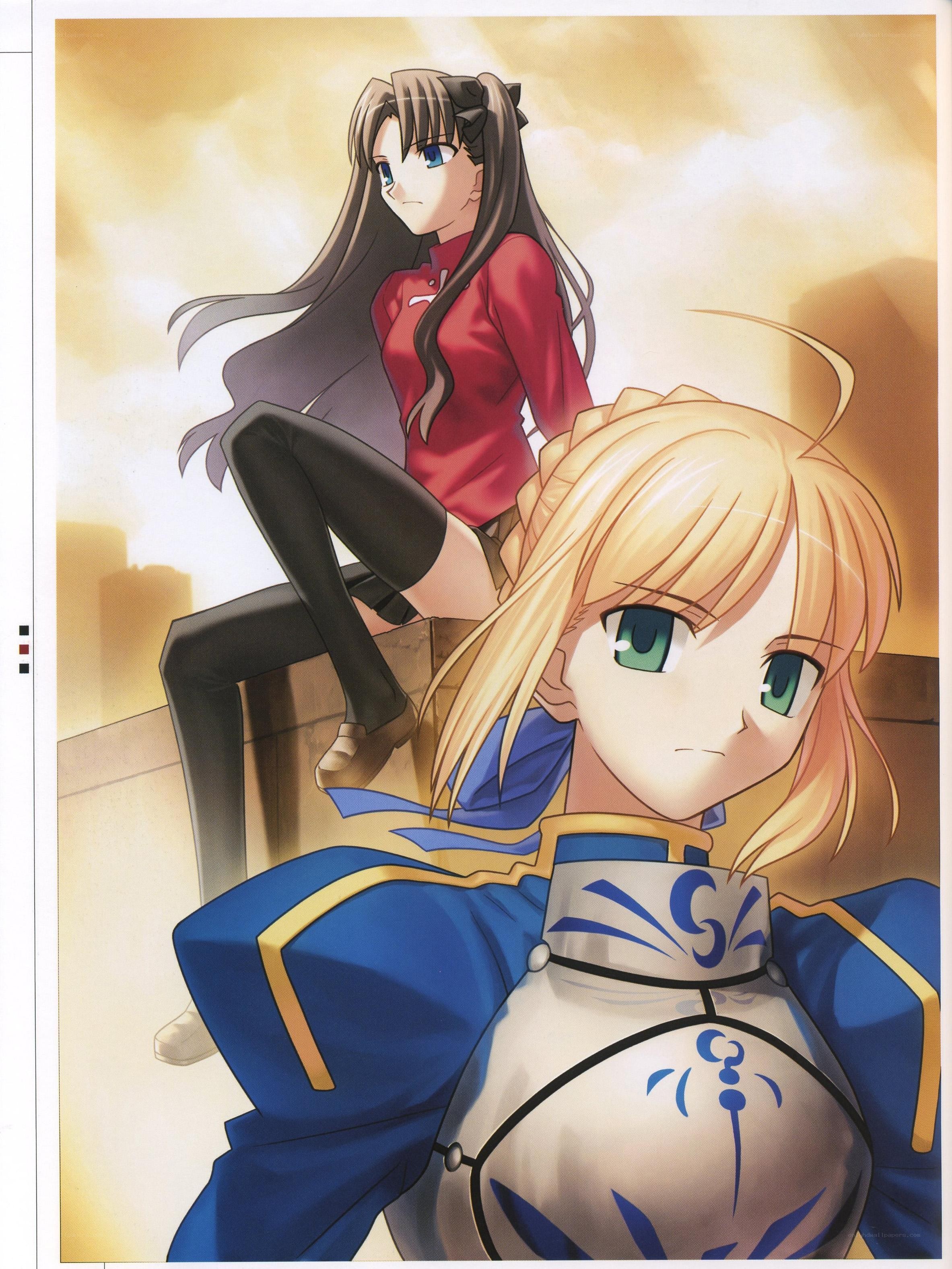 Saber and Rin in a cityscape