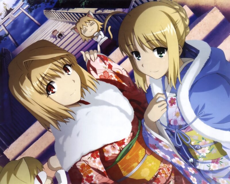 Saber and Rin in traditional attire