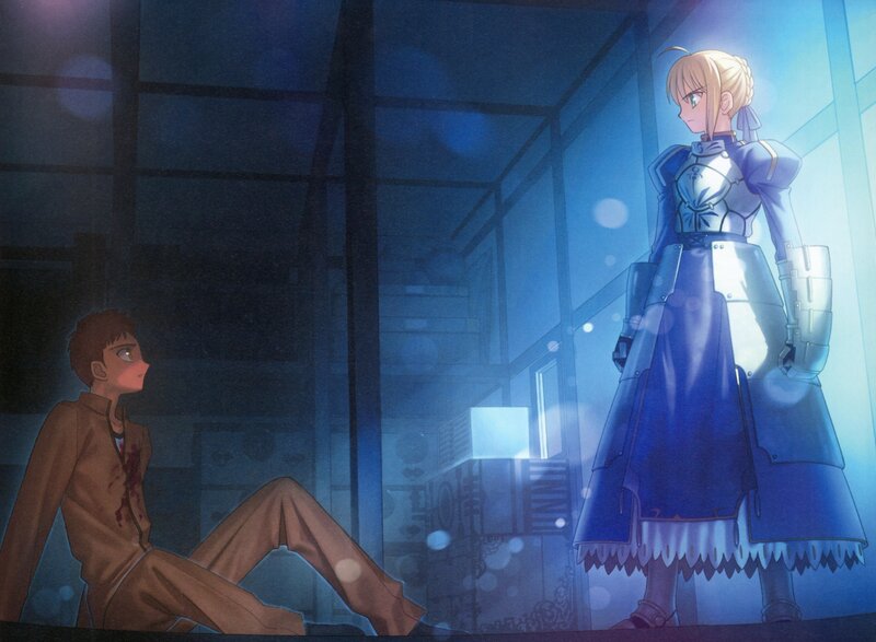 Saber and Shirou in a dim room