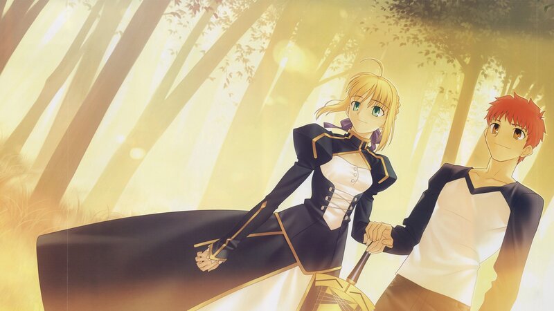 saber and shirou in a forest
