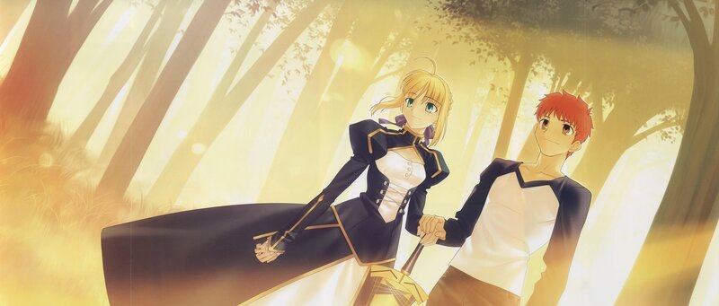 Saber and Shirou in a sunlit forest