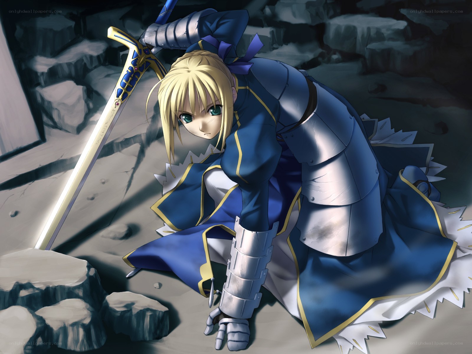 Saber in blue armor kneeling