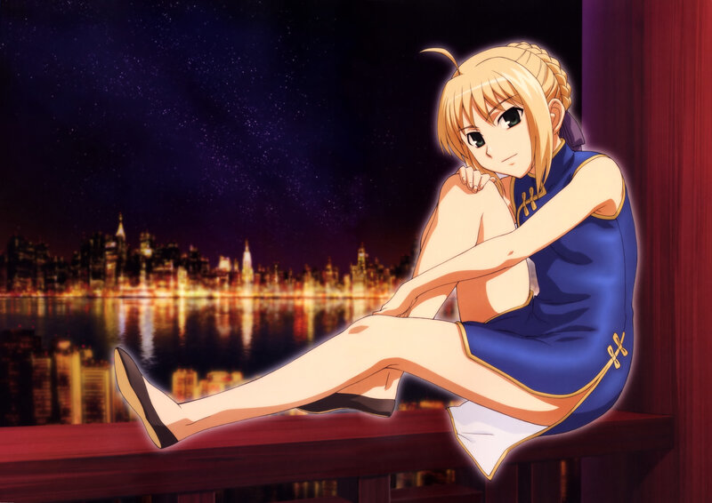 Saber in blue dress at night