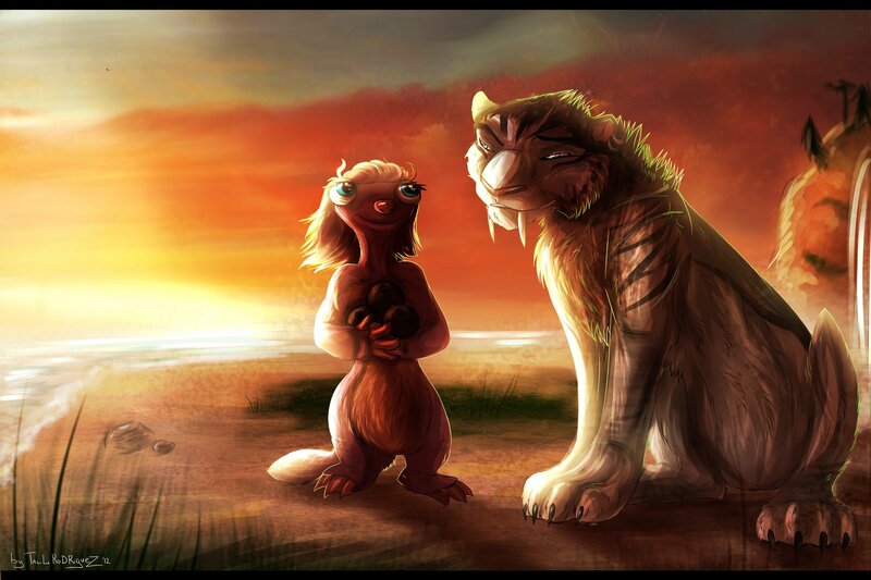 Saber-toothed cat and sloth at sunset