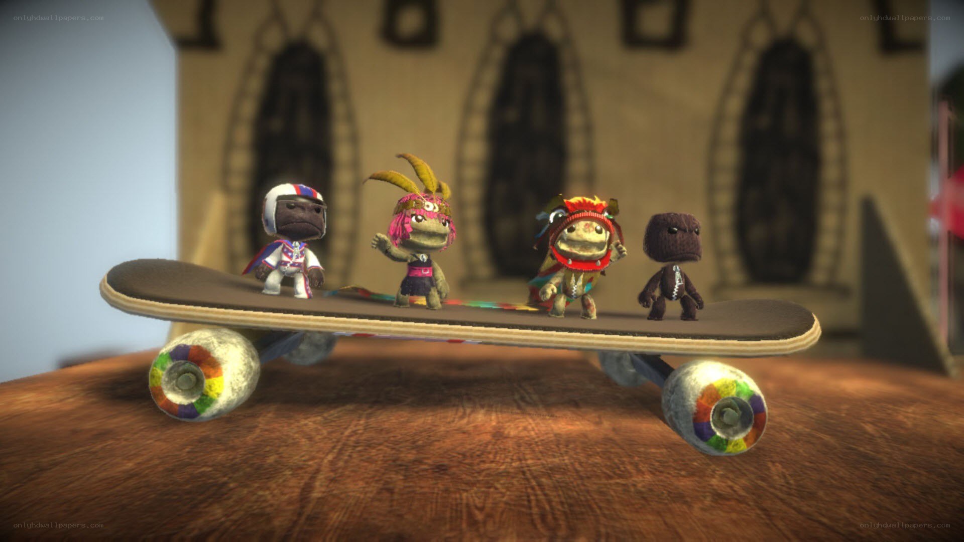 Sackboy characters on a skateboard
