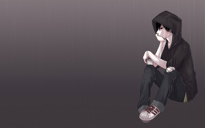 sad anime boy in rain