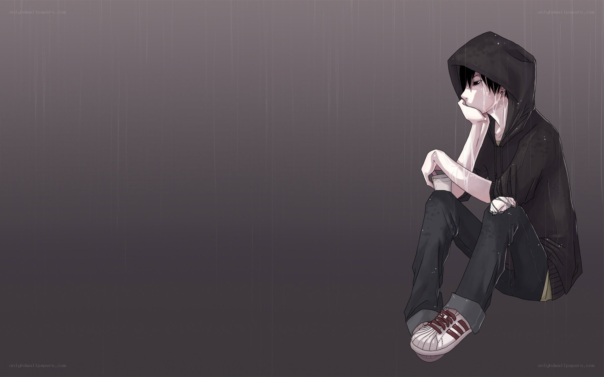 sad anime boy in rain