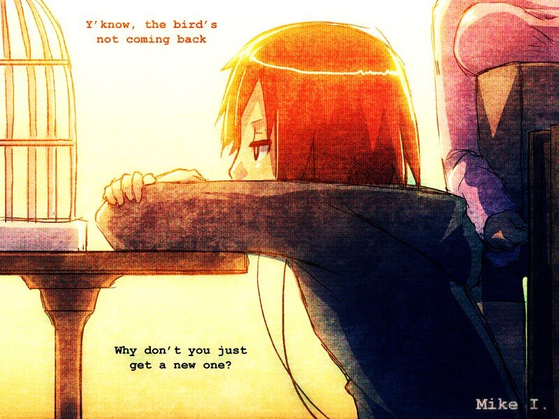 sad anime girl at table