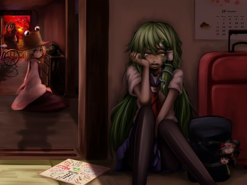 Sad anime girls in a hallway