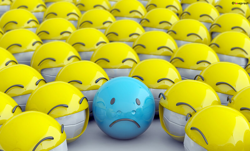 sad blue emoji among happy ones