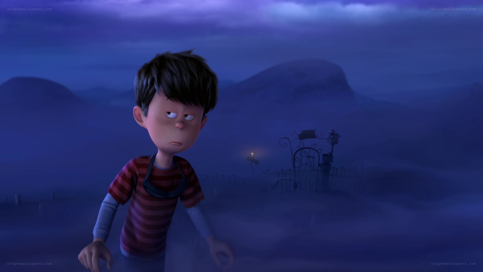 sad boy in foggy landscape