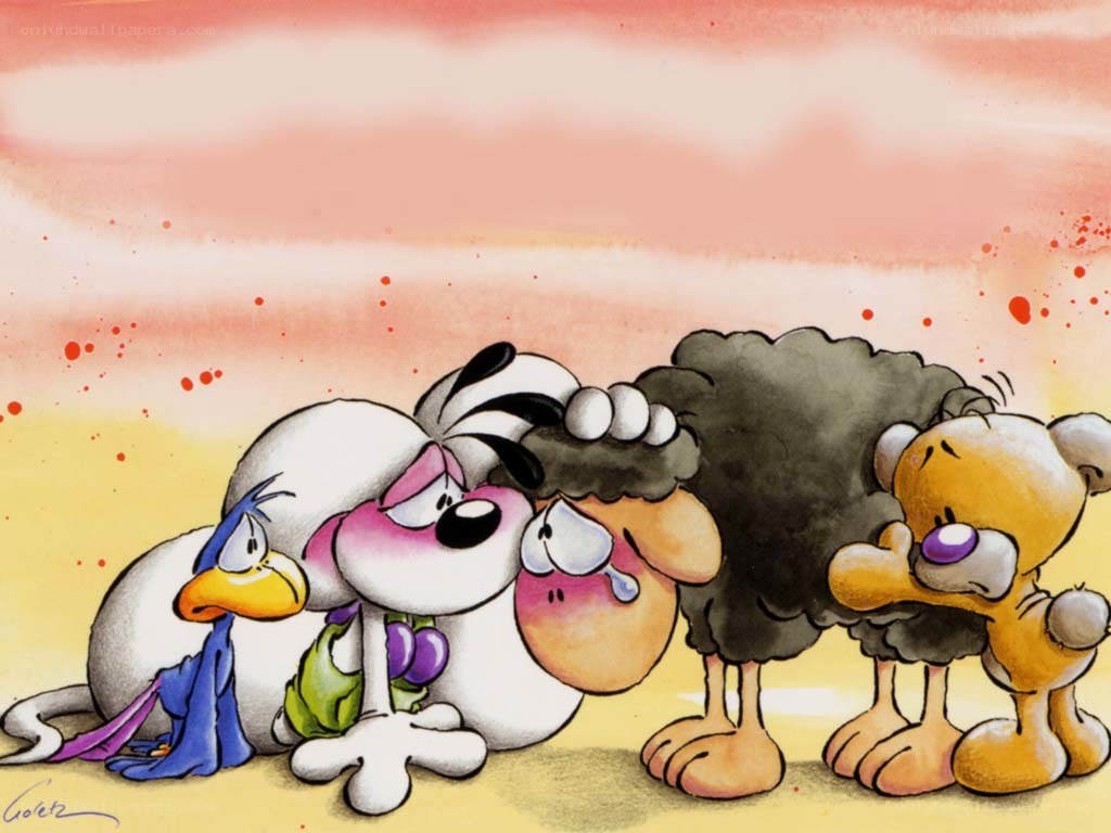Sad cartoon characters huddled together