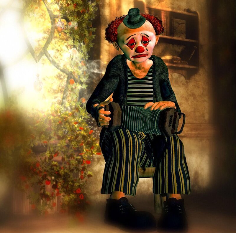 sad clown with accordion