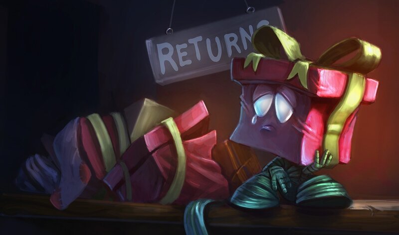 Sad Gift Box Character — Red, Dramatic, Night, Digital Art