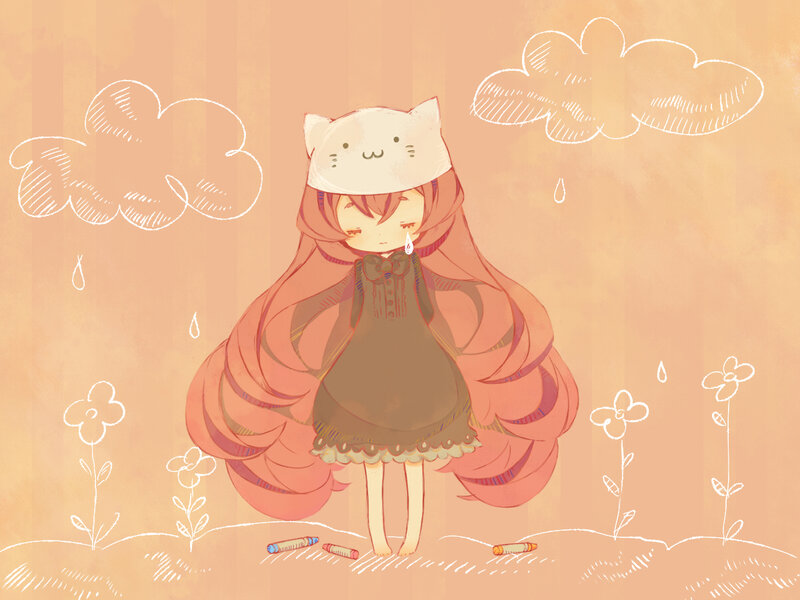 sad girl in cat hat