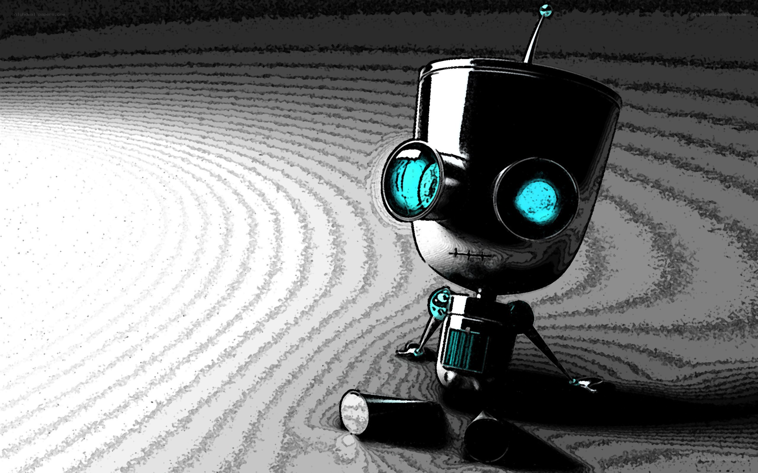 sad robot in a zen garden