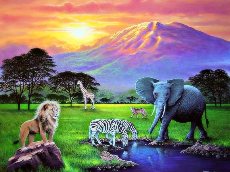 Safari Animals at Waterhole — Green