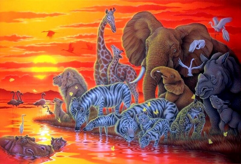 Safari Animals at Waterhole — Red