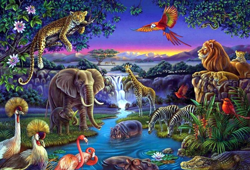 Safari Animals at Watering Hole — Blue, Serene