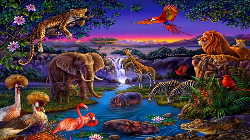 Safari Animals at Watering Hole — Blue